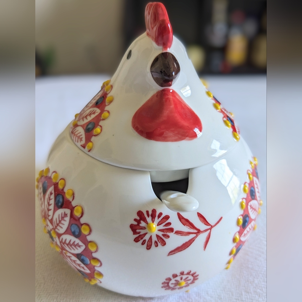 Ceramic White and Red Chicken Sugar Or Salt Bowl with Floral Accents